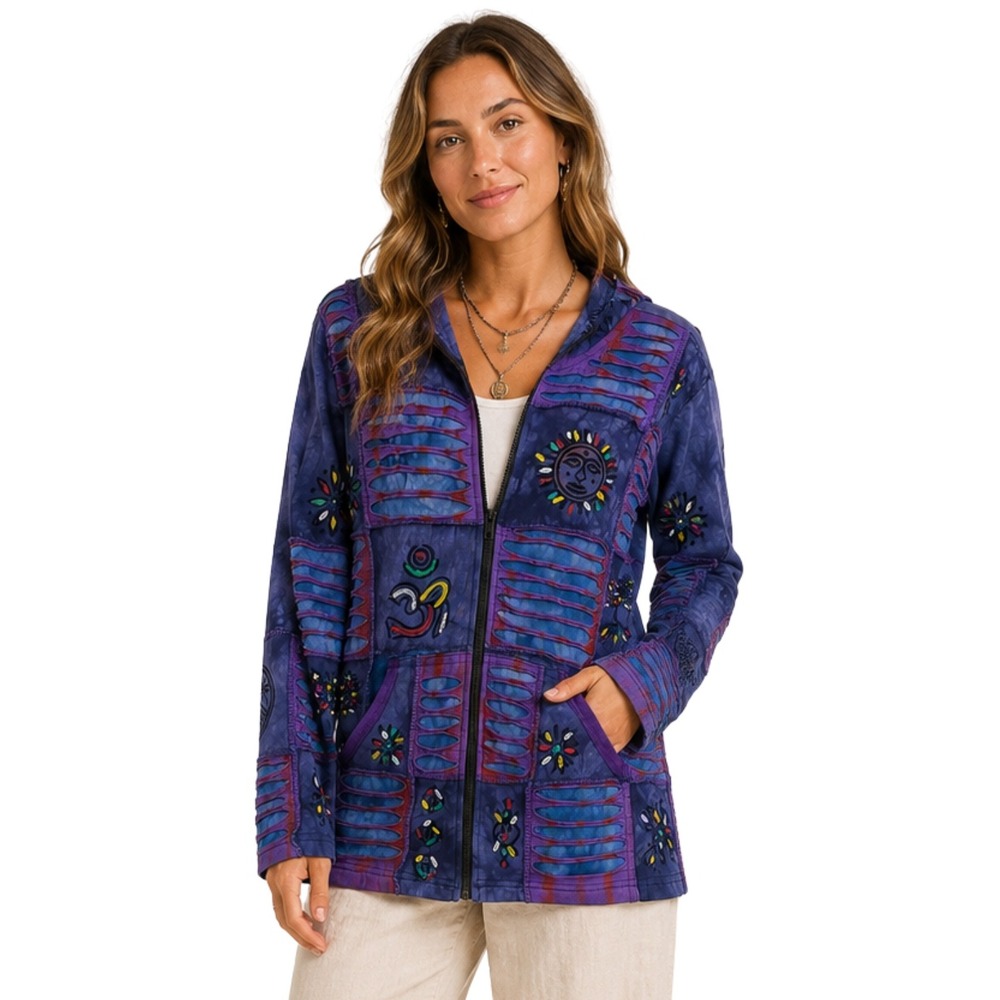 Rising‎ International Jacket Medium Purple Tie Dye Patchwork Zip Hoodie Boho Y2K